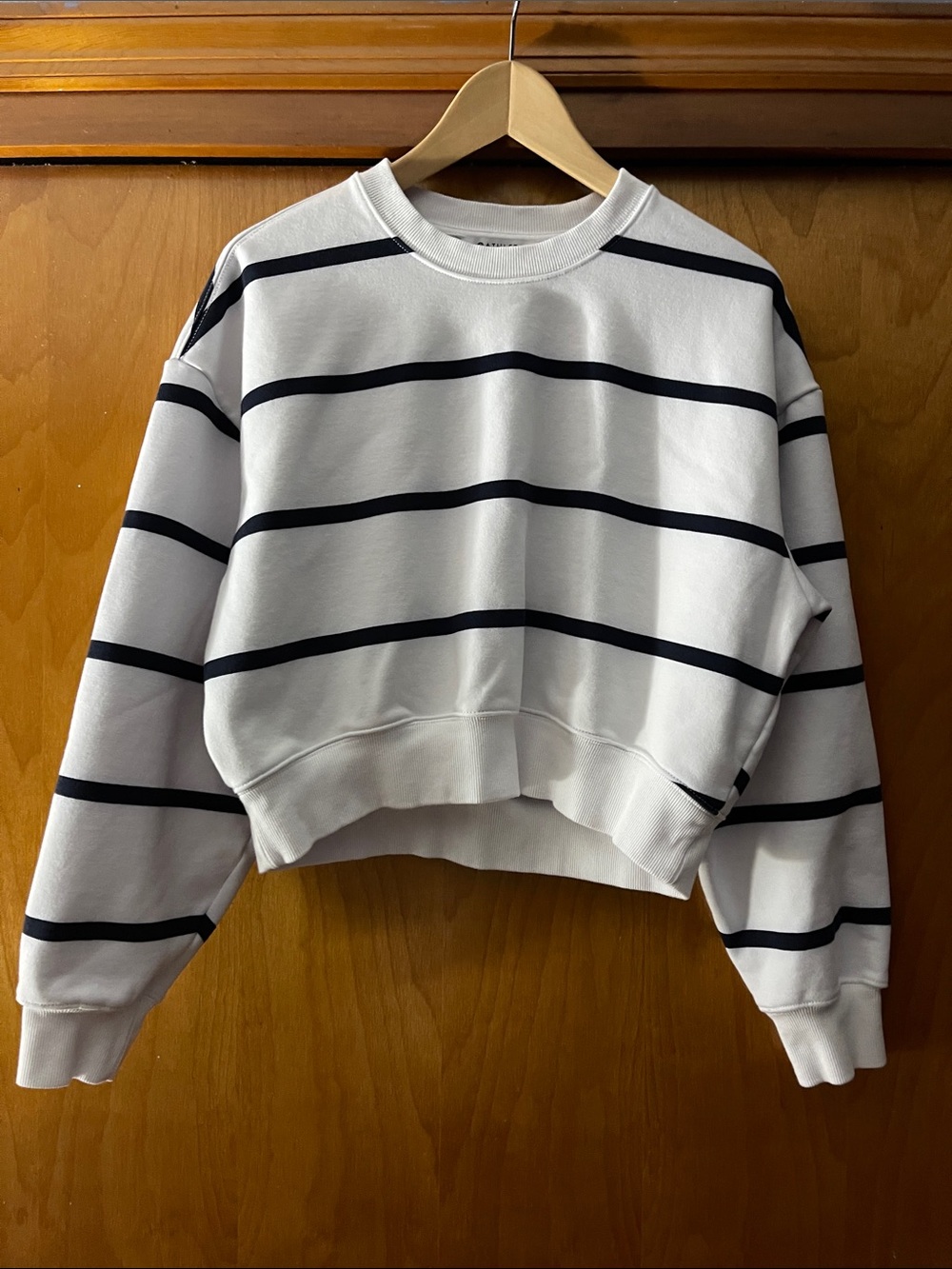 Athleta White Cropped Sweatshirt with Black Stripes